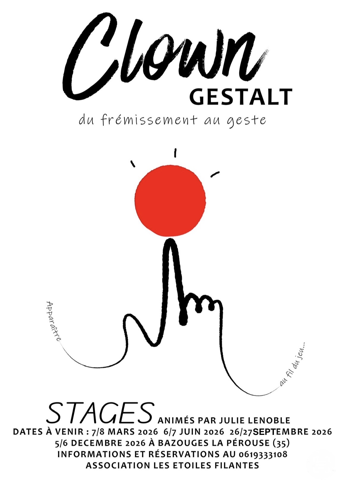 Affiche des stages Clown Gestalt animés par Julie Lenoble